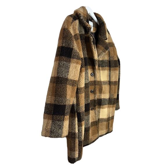 American Eagle Outfitters Brown Plaid Sherpa Teddy Coat Pockets Size Large - Picture 5 of 10
